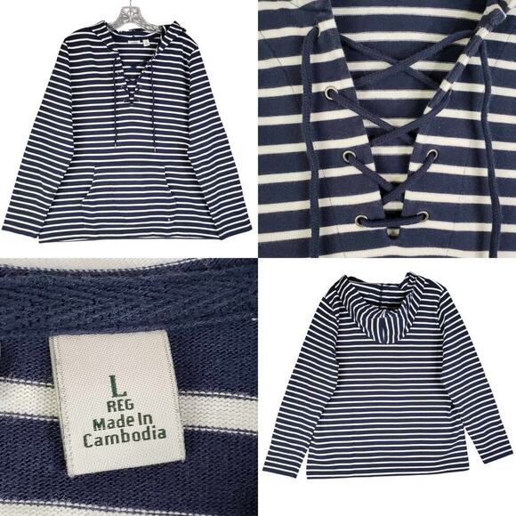 LL Bean Hoodie Womens Large L Blue Striped Henley Nautical Sweatshirt Casual - Picture 1 of 11